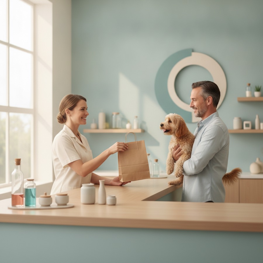 Pharmacist handing a package to a pet owner with their dog