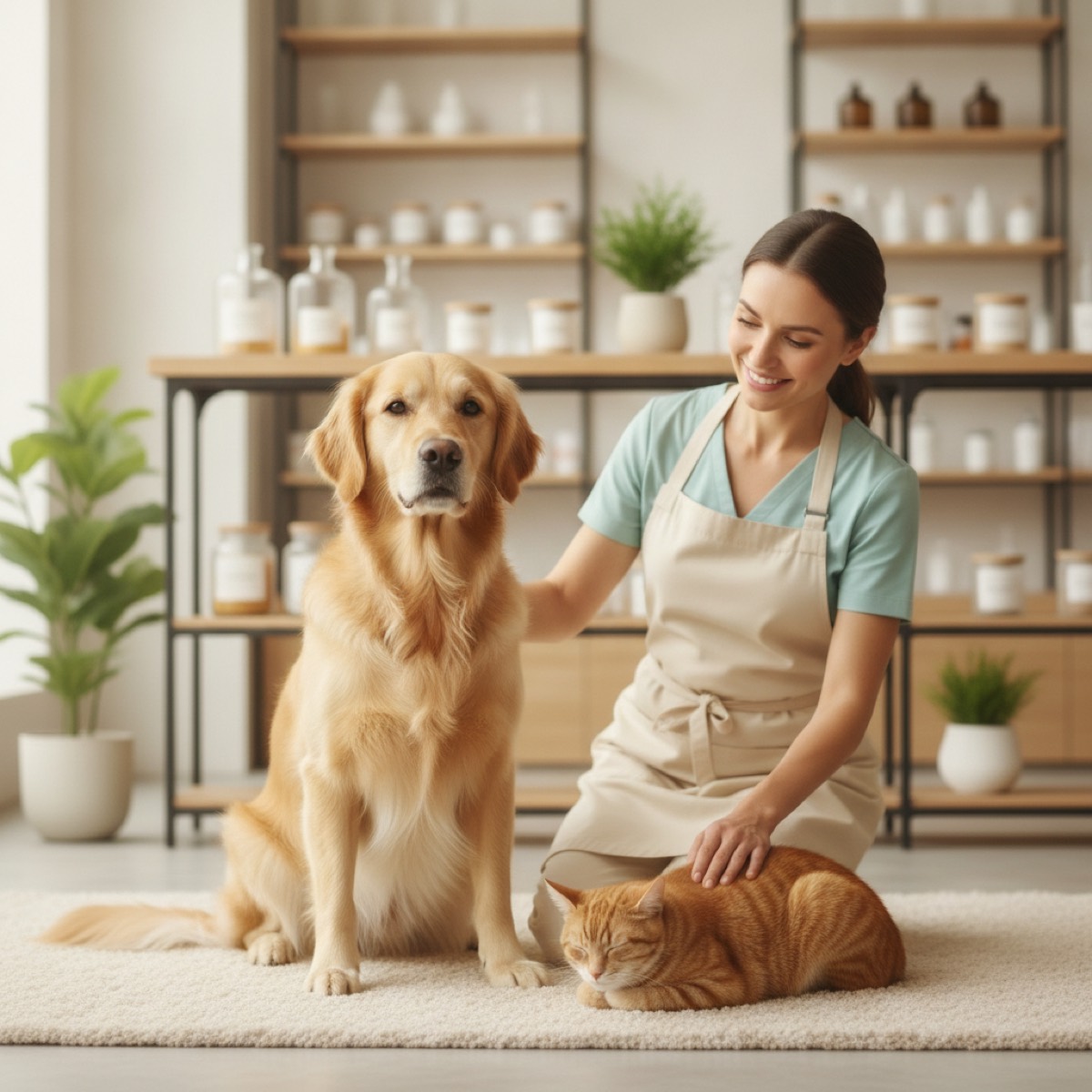 A dog and cat with a caring pharmacist in a bright modern pharmacy