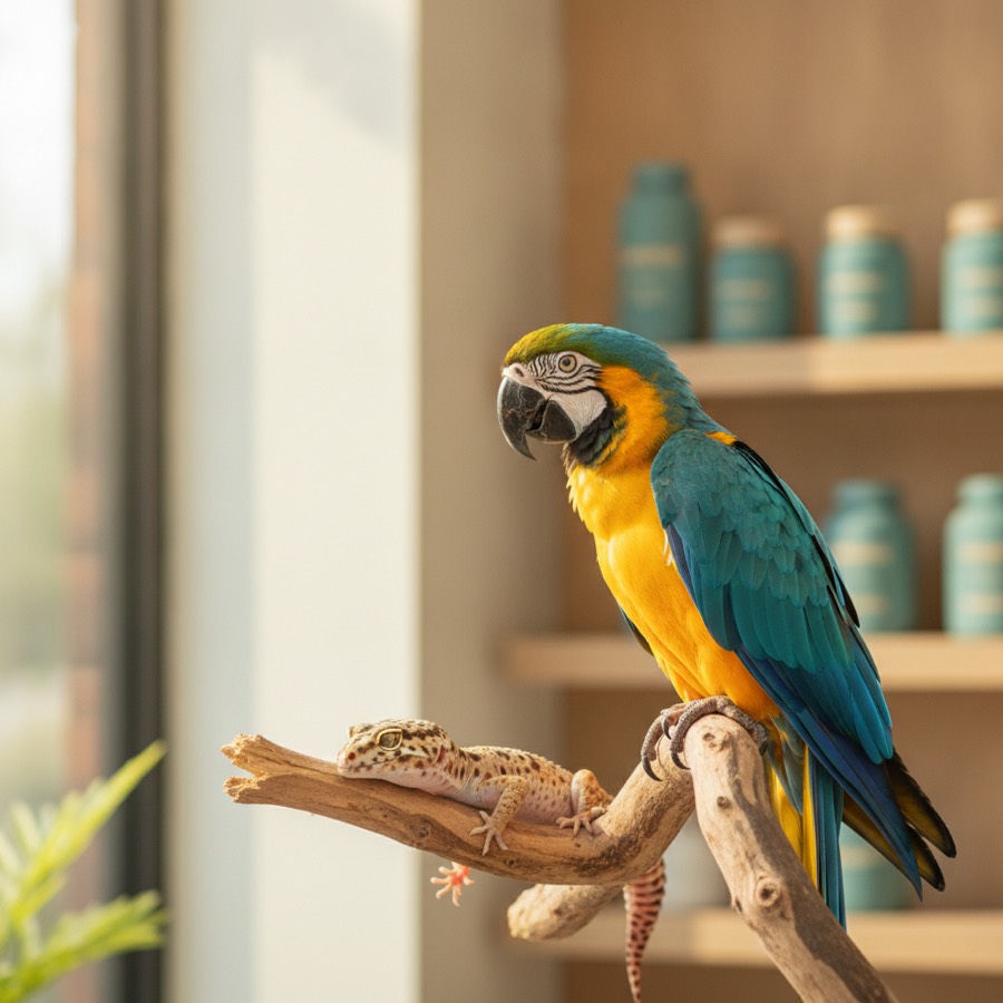 Parrot and gecko representing care for exotic pets and in-store pickup